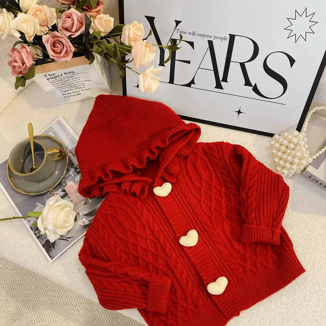 2024 Autumn New Korean Girls\' Girls Sweater with Hat Autumn and Winter Red Long Sleeved Top with Heart Button Knitted Cardigan