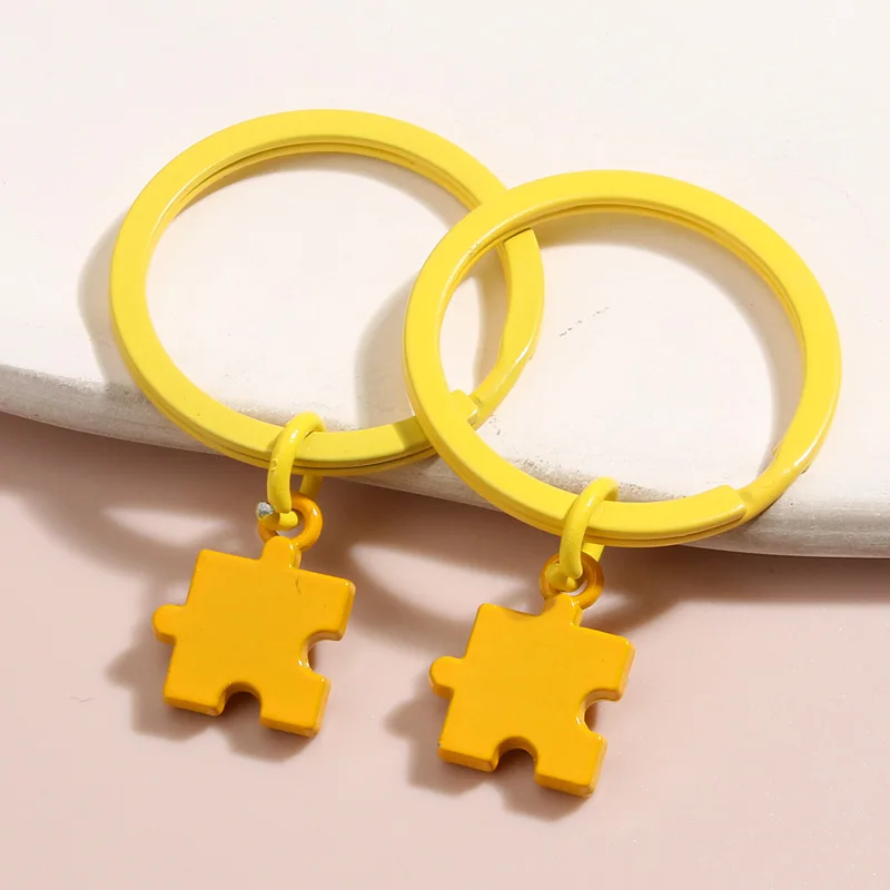 1set(2pcs) Funny Keychain Colorful Jigsaw Puzzle Pieces Key Ring Enamel  Key Chains For Women Men DIY Handmade Jewelry Gifts