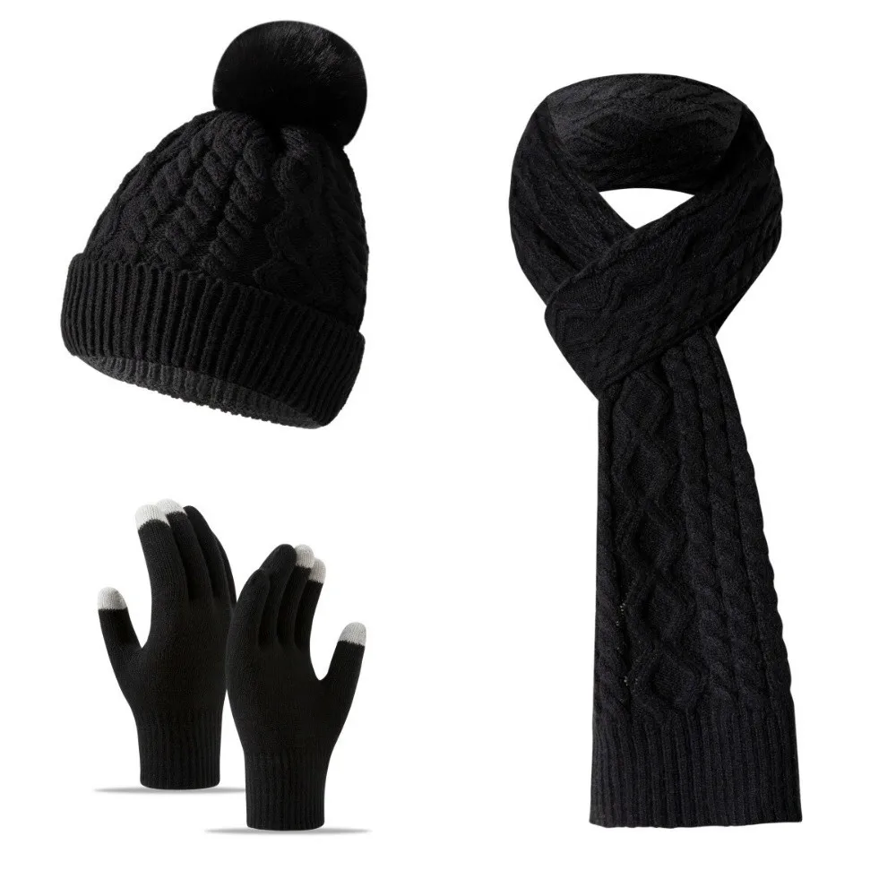 3Pcs/Set Warm Winter Hat Scarf Gloves Set Thicken Windproof Knit Beanie Snood Set Elastic Knitted Scarf Neck Warmer Suit