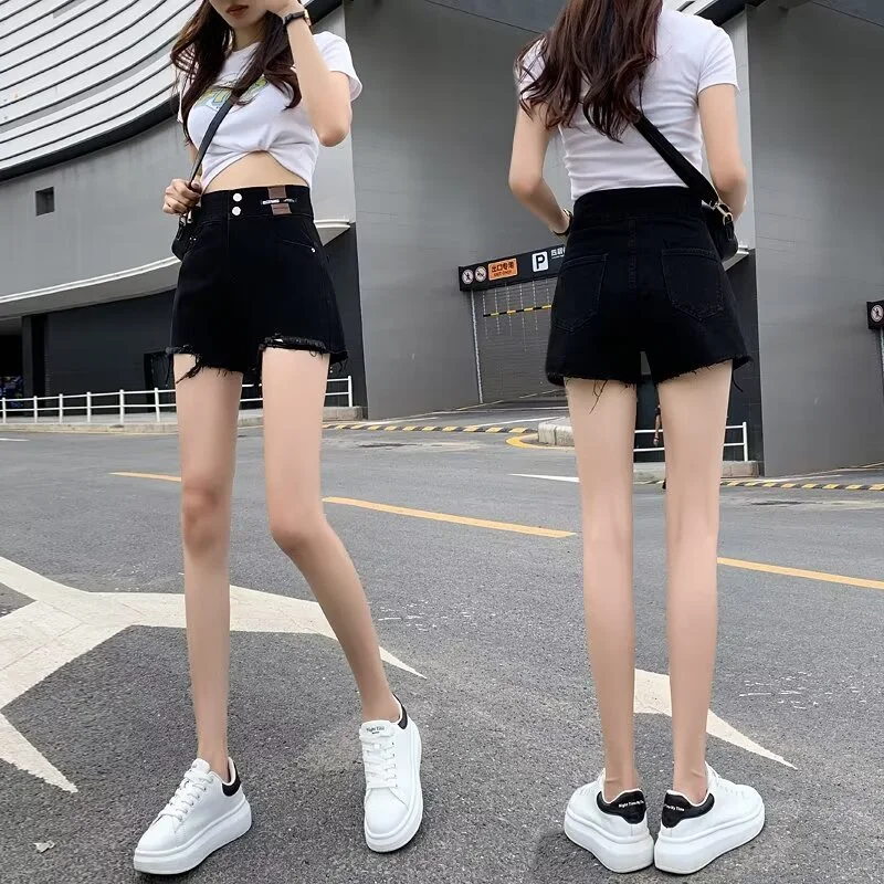 

Летние большие размеры с высокой талией, толстые и свободные, утягивающие, рваные дырки, джинсовые шорты с кисточками, женские шорты, тренд ins