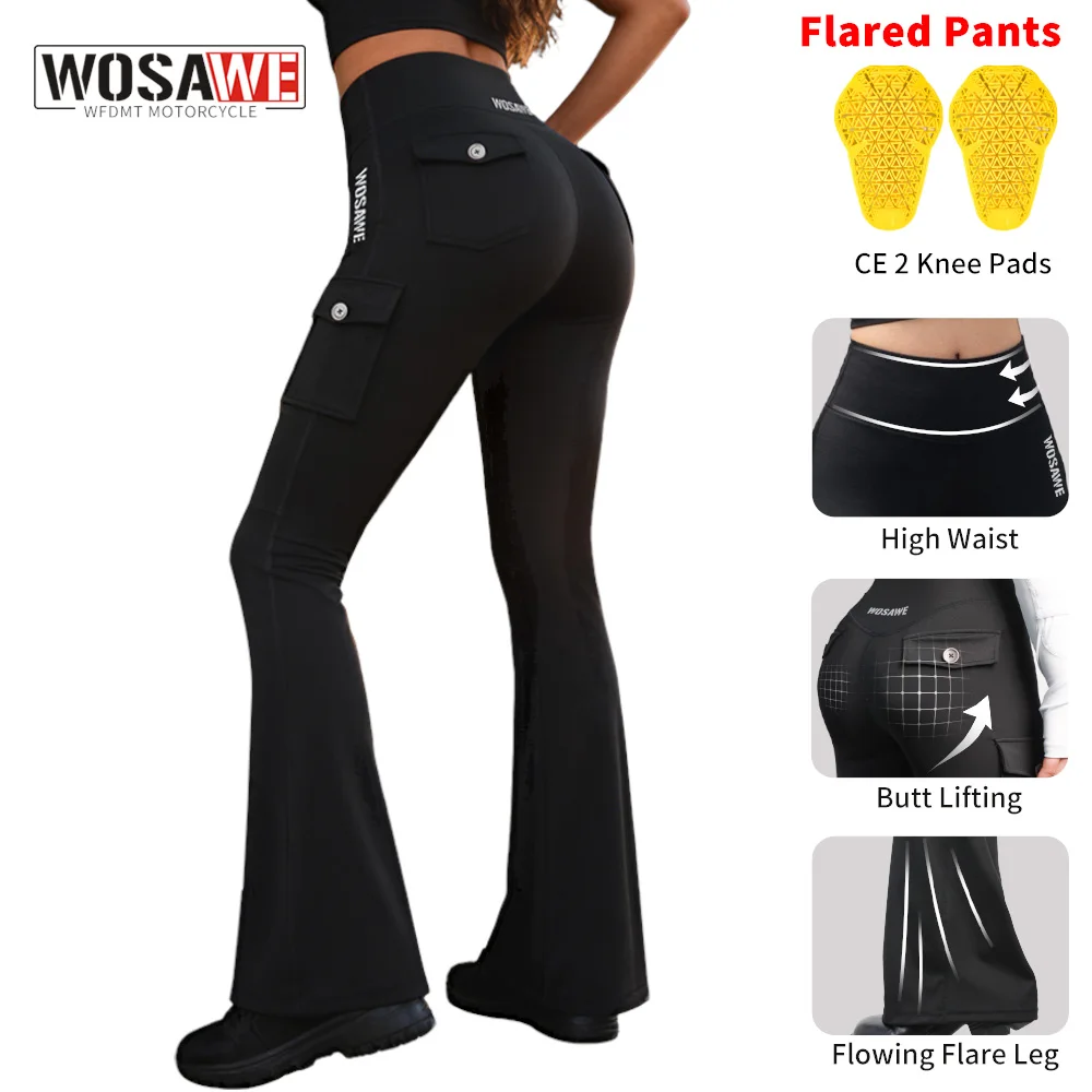 

WOSAWE Motorcycle Flared Pants Women High Waist Motorcycle Pants with Removable CE Knee Pads Lift Hip Yoga Fitness Leggings