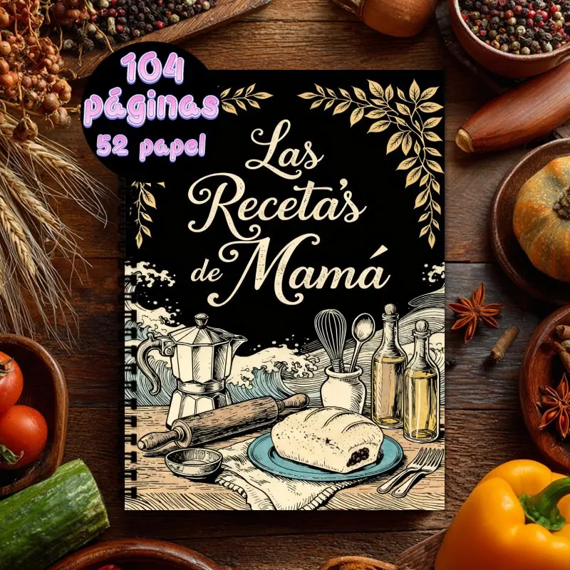 A5 Spanish version recipe notebook, 100 Recipes Capacity, Las Recetas de Mamá Inspired Cooking Journal with Kitchen Tools Design