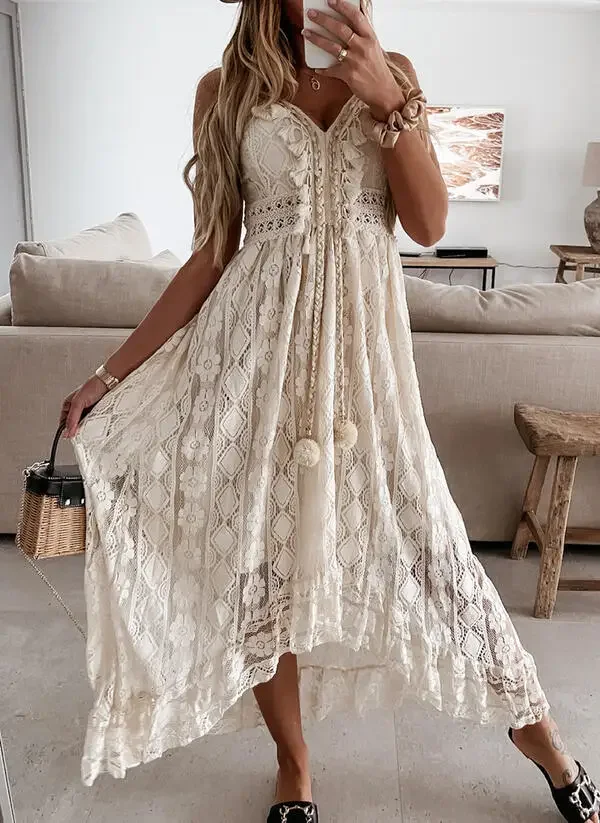 Women White Lace Dress, Long Strap Tassels, Beach V Neck, Party Elagant Hollow Out, Sleeveless Off Shoulder, Cotton Lady Dresses