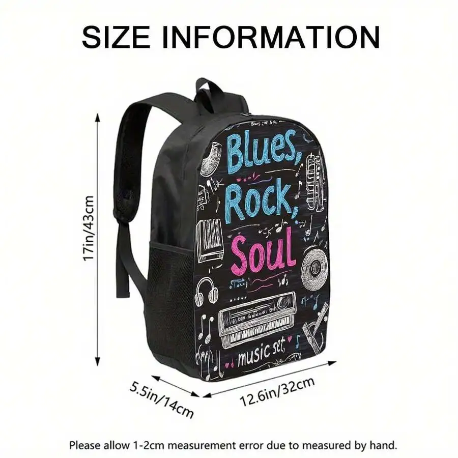 

Music Theme Large Capacity Backpack Blues Rock Soul Print Lightweight Adjustable Strap Polyester Daily Commute Travel