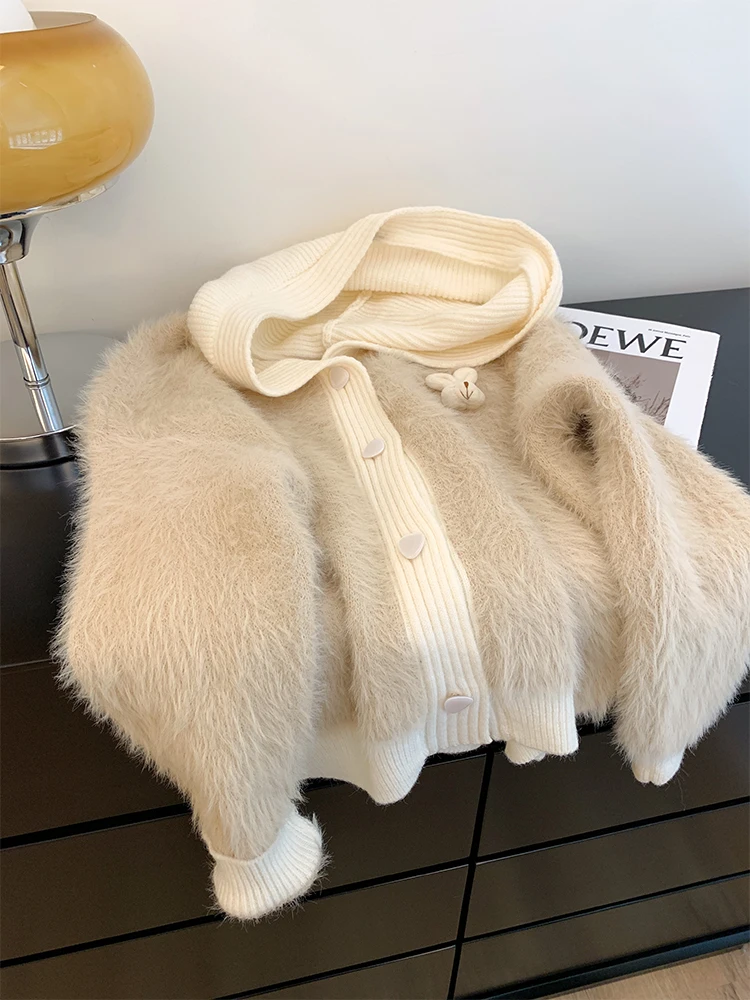 Autumn Winter Woman Vintage Fluffy Hoodies Cardigan Sweater Korean Jumper Long Sleeve Cashmere Knitwears Jacket 2000s Aesthetic