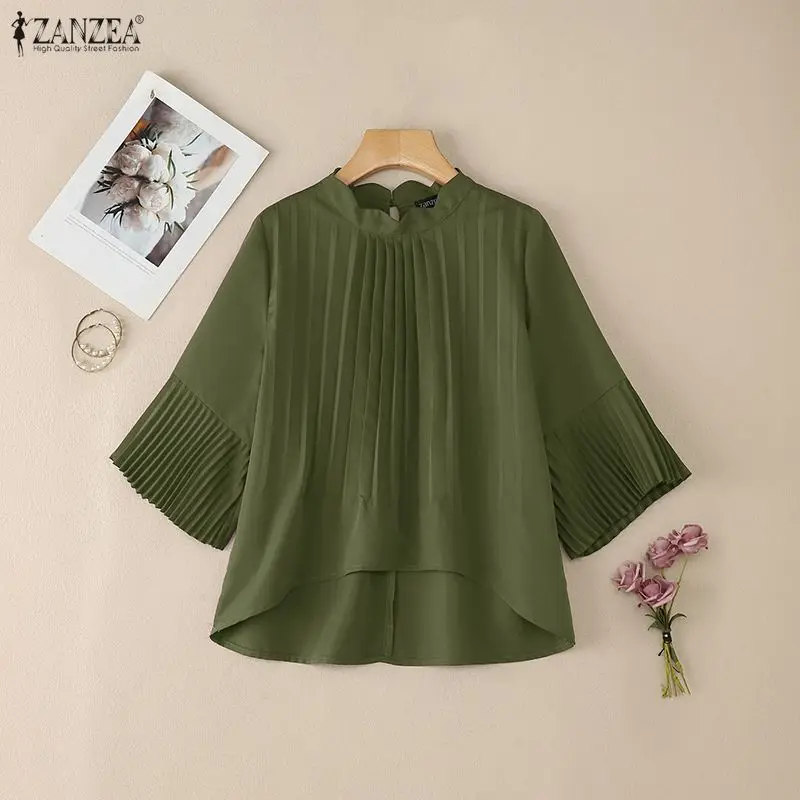 

ZANZEA 2026 Summer Office Work Blouses Women Elegant O Neck Ruffled Sleeve Tops Solid Pleated Shirt Casual Tunic Mujer Femme