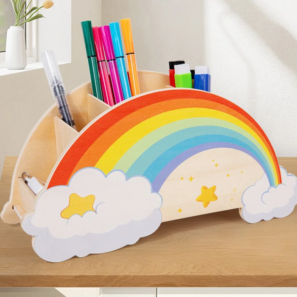 

Wooden Rainbow Pencil Holder Desk Organizer Pen Container Office School Supplies Stationery Caddy