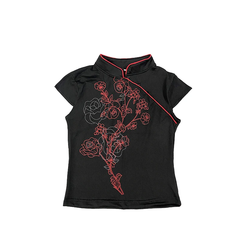 Alt Chinese Trend Cropped Cheongsam Blouse, Red Line Floral Rhinestone Print Contrast Red Piping Oblique Slim Cap Sleeve T Shirt - view 4