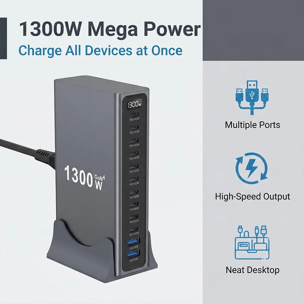 10C2A Multi Port USB Hub Station Adapter 1300W GaN 12-Port Desktop Fast Charging for Phone & Tablets PD3.1 Type C Fast Charger