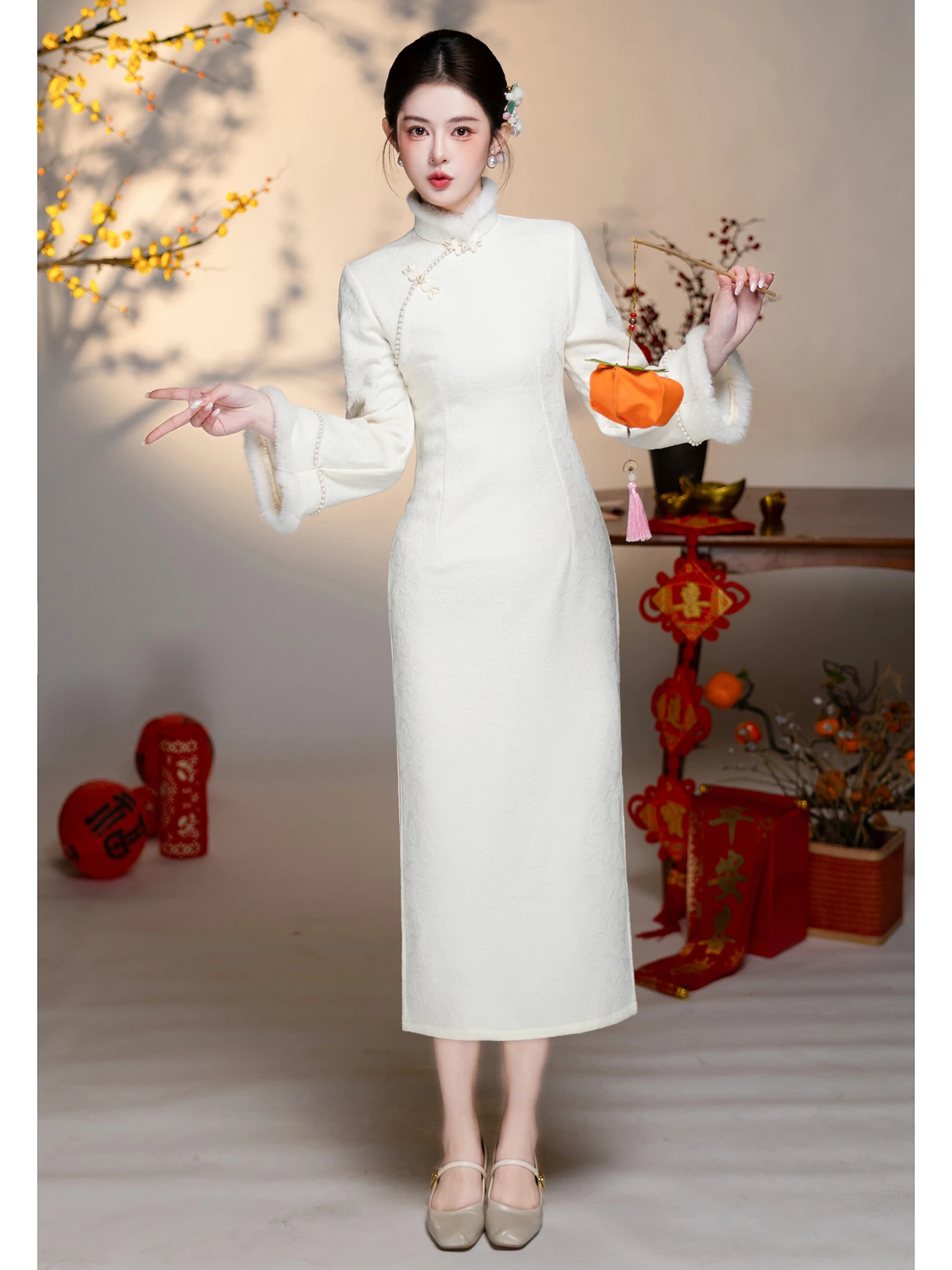 

Winter White Fro Coat Thiened Fce Wedding Engagement Women's Sle Retro Faion Long Sve Full Length Gown