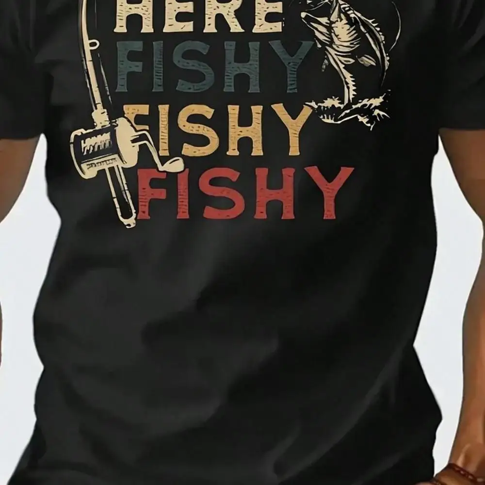 180GSM Pure Cotton Men s Retro Fishing Graphic T‑Shirt With Here Fishy Fishy Print, 100_ Cotton Soft Fabric, Casual Angler Style, Ideal For Outdo