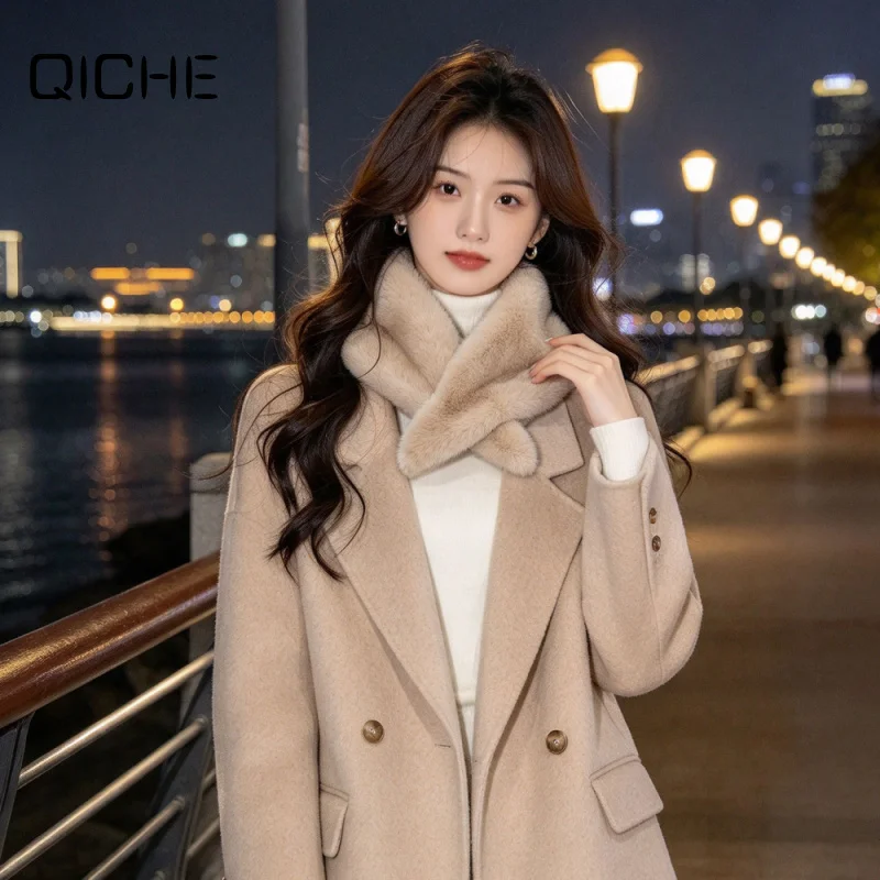 QICHE 2026 Women Faux Mink Fur Triangle Scarf, Magnetic Buckle Warm Neck Wrap Elegant Simple Shawl For Fall Winter