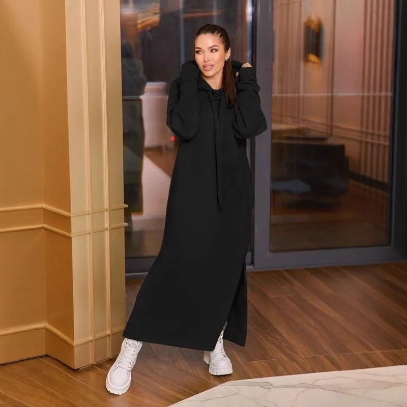 Autumn Winter New Solid Color Loose Knitted Velvet Hoodie Long Dress Casual Bottom Fork Pocket Frock Vestidos Para Mujer