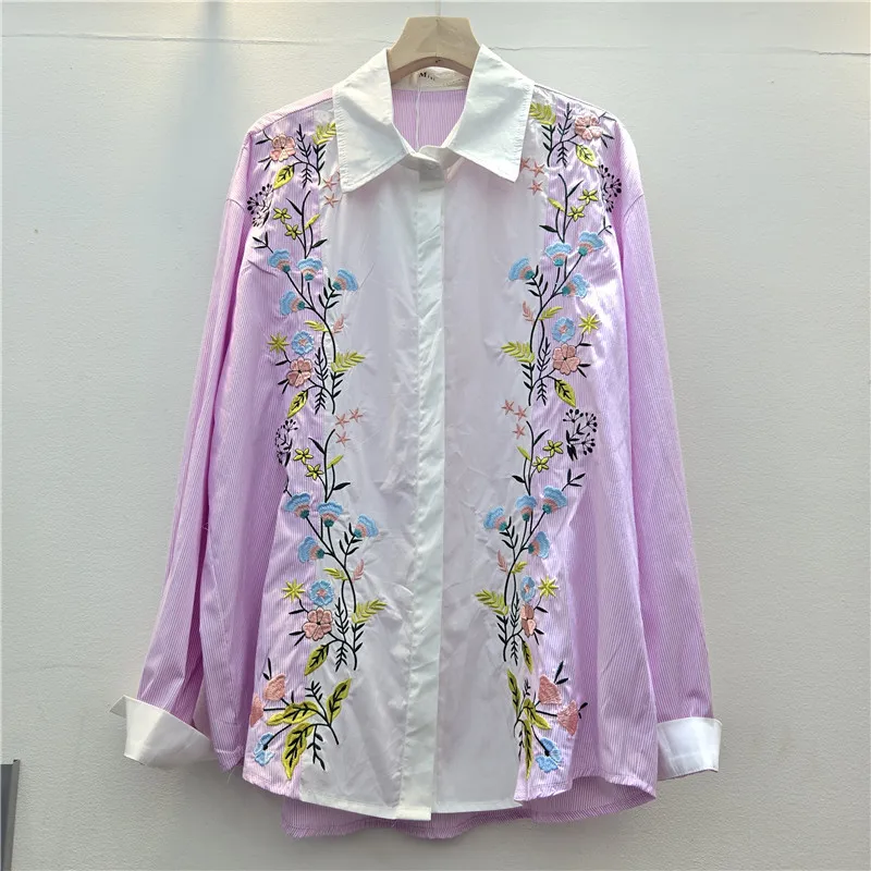 Korean Sweet Women Blouse Heavy Embroidery Small Floral Patchwork Lapel Shirt New Chinese Style Elegant Ladies Casual Tops