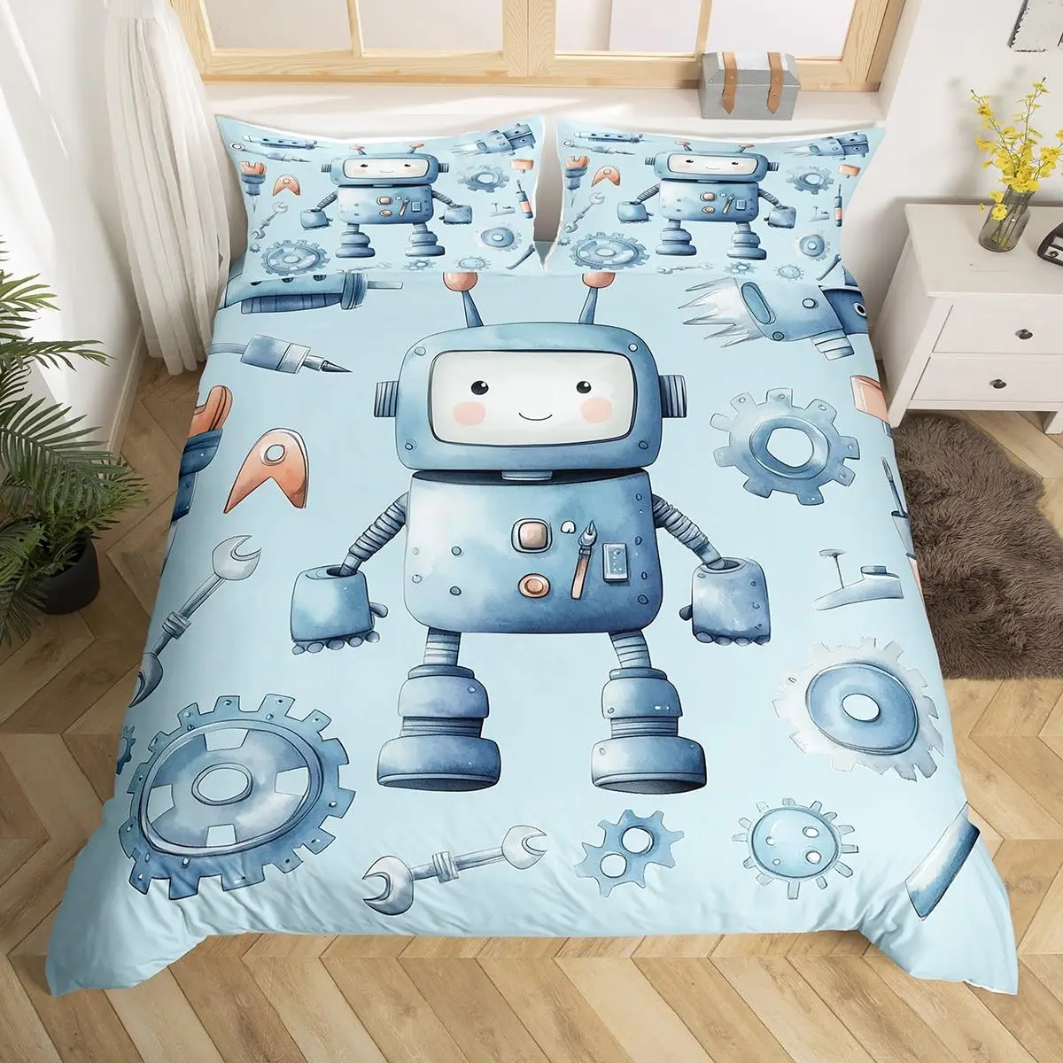 Robot Duvet Cover Cartoon Toys Intelligent Equipment Bedding Set Watercolor Flowers Comforter Cover 3pcs Polyester Quilt Cover