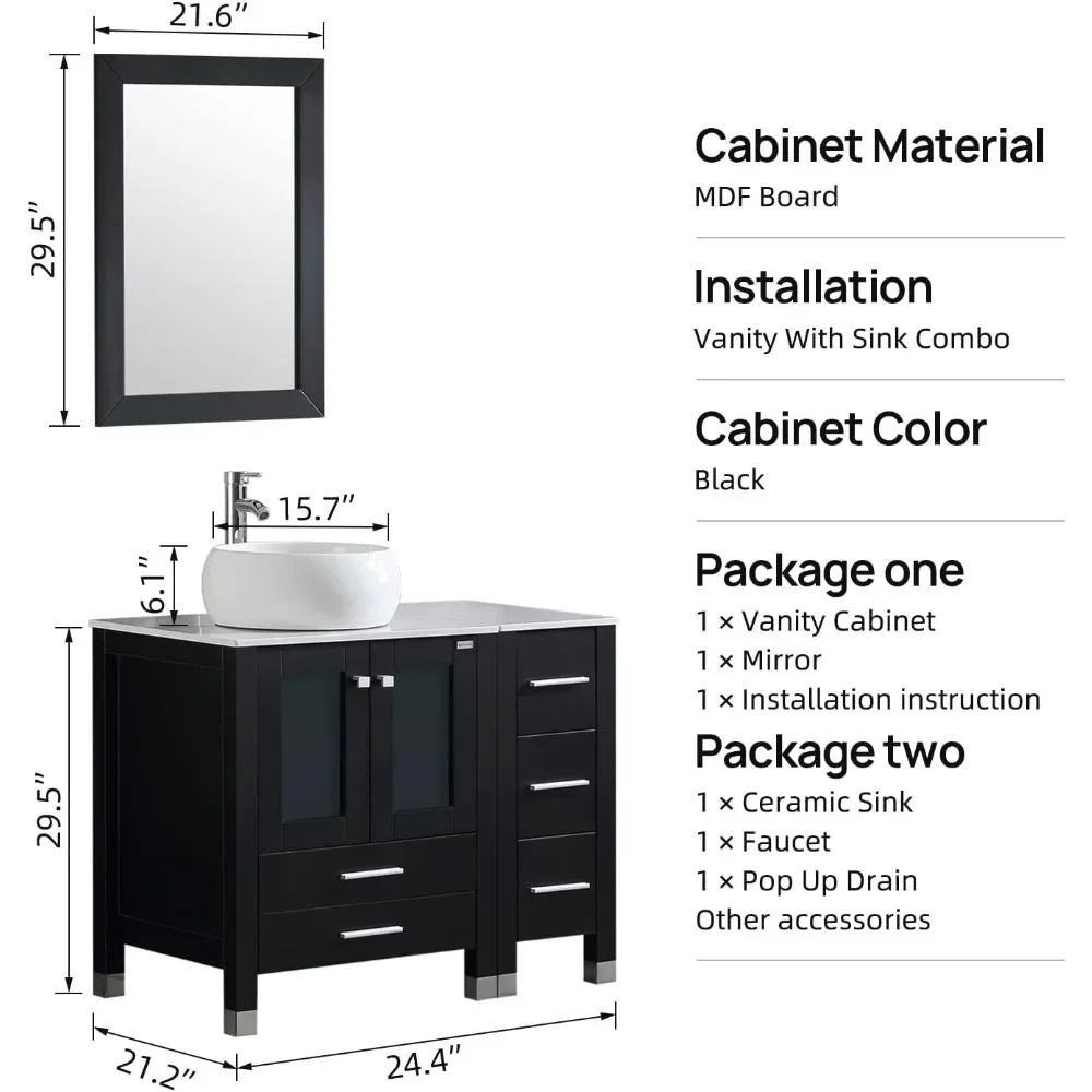 Black Bathroom Vanity and Sink Combo Wood Cabinet Top Round Ceramic Vessel Sink Faucet Drain Combo with Mirror Vanities Set