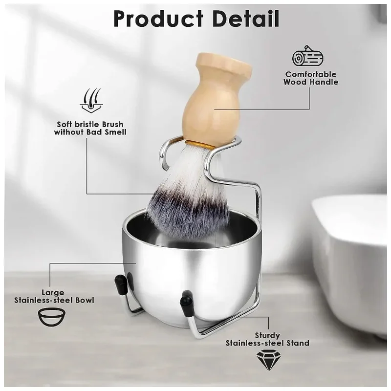 Shaving Set Men's 3-in-1 Wood Handle Shaving Brush with Bowl & Stand Complete Grooming Kit Wet Shave Gift Set 2026 New