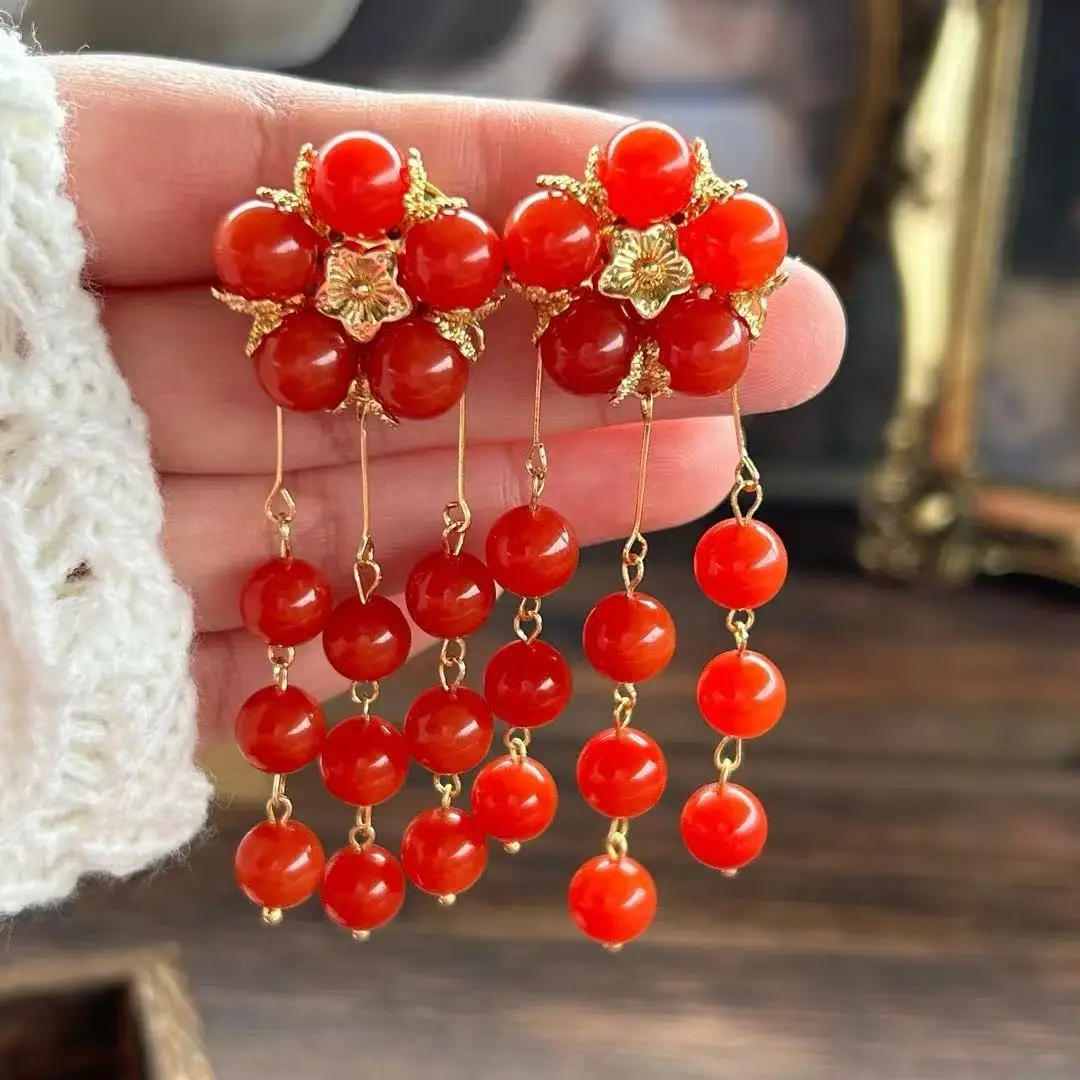 Medieval high-end natural stone agate beaded Italian grandma hand-woven retro earclip earrings