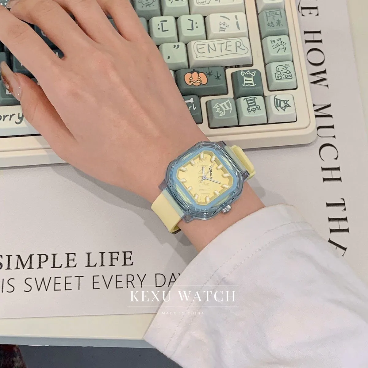 PANMILA Candy Color Rubber Strap Transparent Square Dial Women's Quartz Watch