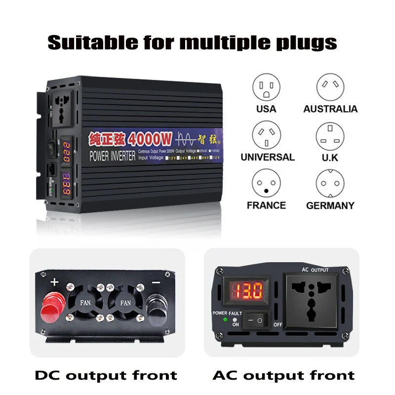 4000W 3000W 1600W 5000W Pure Sine Wave Inverter DC 12V To AC 110V 220V 50Hz 60Hz Power Car Inverter With LED Display Converter