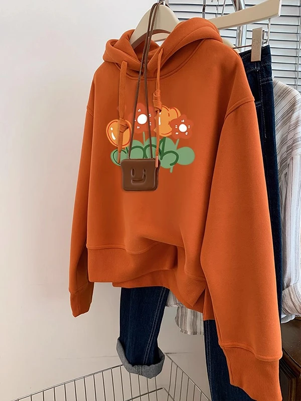 

Толстовка с капюшоном больших размеров, женская свободная куртка на флисовой подкладке, осенне-зимняя модная кофта в корейском стиле с длинными рукавами