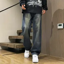 아메리칸 심플 청바지 남성 여름 새로운 와이드 레그 캐주얼 소년 레트로 다목적 루즈 스트레이트 바지 트렌디