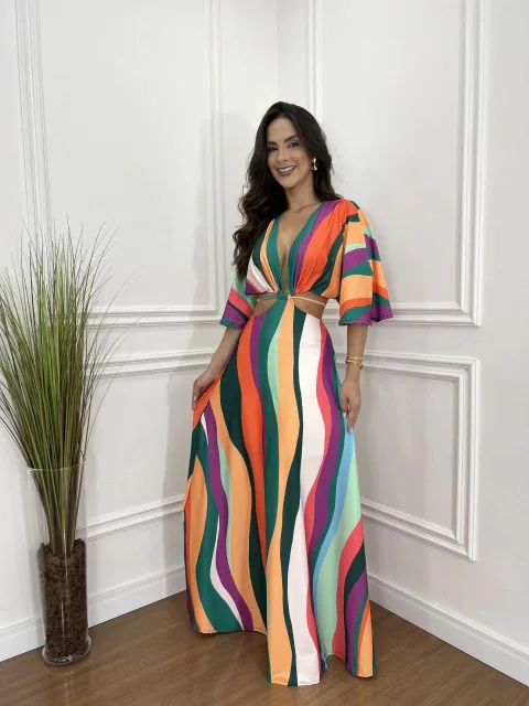 Summer Fashion Sexy Deep V Neck Hollow Out Dress Casual Loose Hem Damska sukienka plażowa Boho Vintage Print Krótki rękaw Długa sukienka