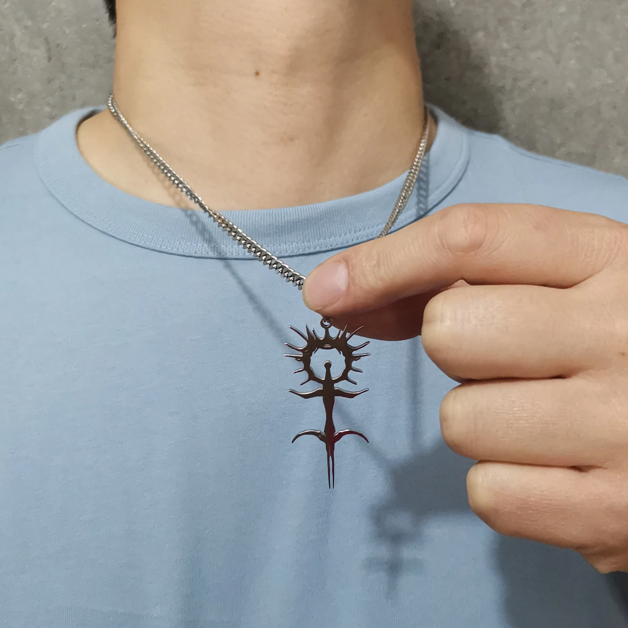 

Mens Blackmage Necklace High Polished Stainless Steel Ghostemane Anti-Icon Pendant Charm Curb Chain 4mm 24''