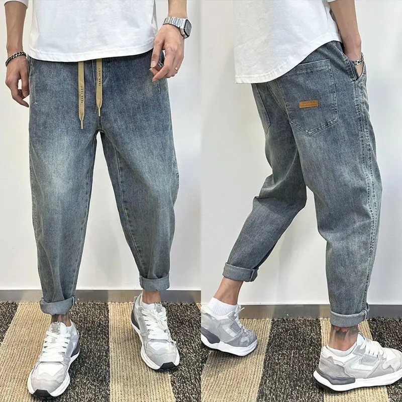 

2024 Men Spring Autumn Fashion Elastic Waist Loose Jeans Men Streetwear Pockets Denim Pants Men Baggy Harem Trousers F658