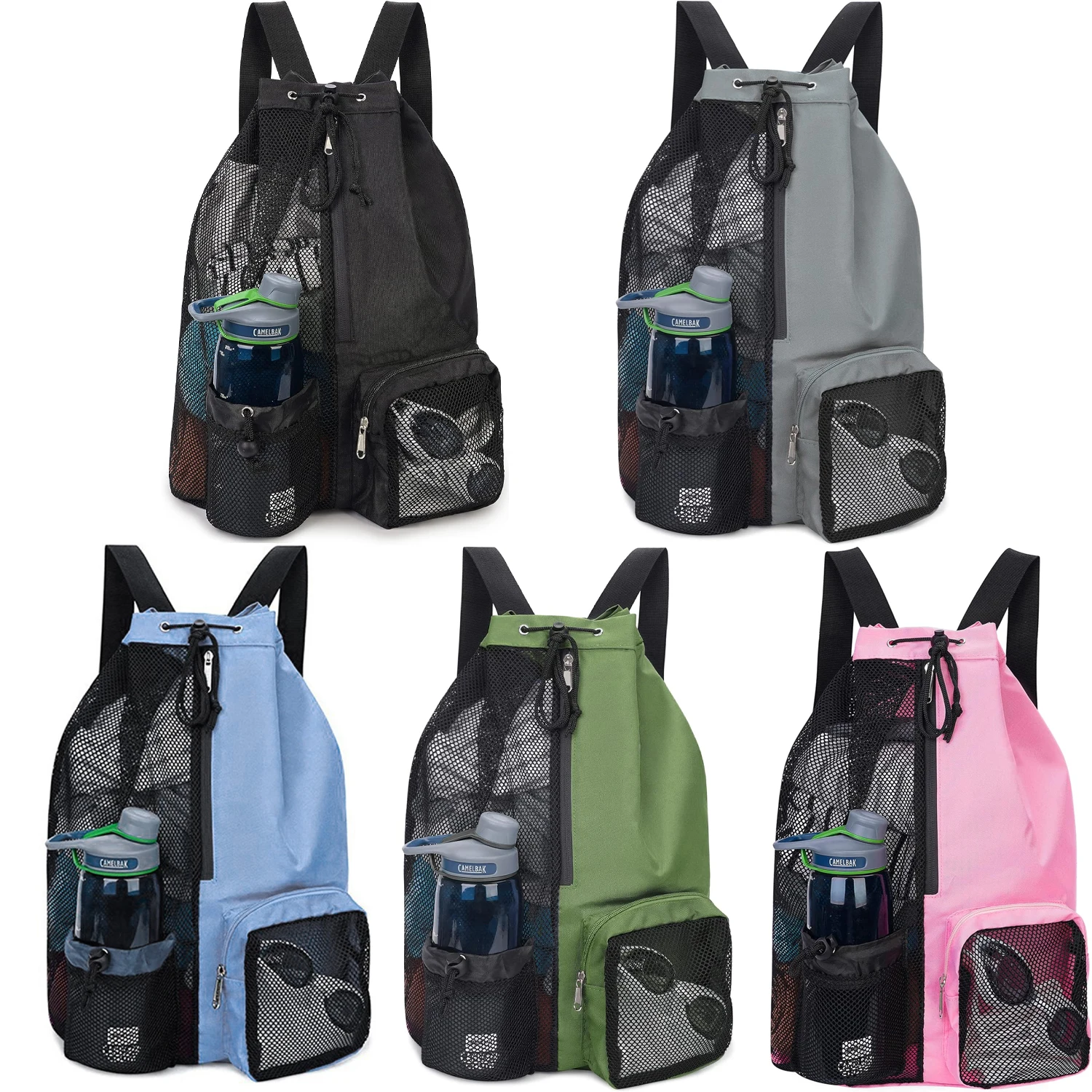 

Swim Bag Mesh Drawstring Backpack with Wet Pocket Beach Backpack for Swimming, Gym, and Workout Gear ，Black，Gray，Blue，Pink，Green
