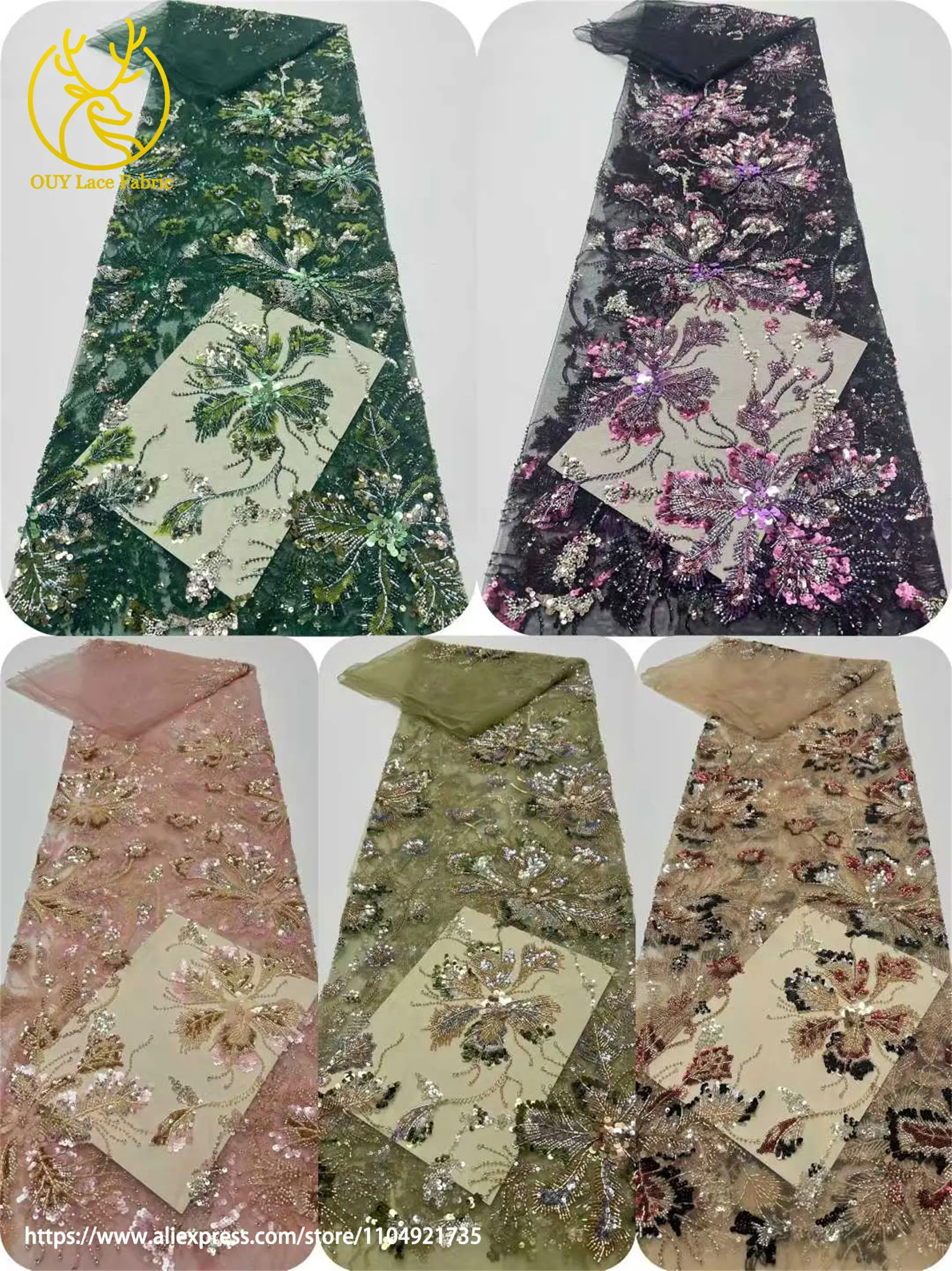 Afrikanischer Netz-Stickerei-Pailletten-Spitzenstoff 2026 Luxuriöser Französischer Tüll Perlenbesetzter Stoff für Damen-Partykleider Nähstoff 5 Yards – Detail 21