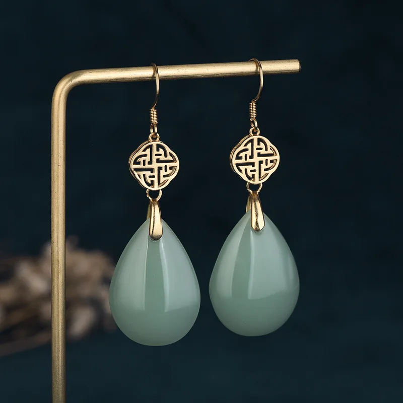 Enamel Chalcedony Simple Earrings High-End Chinese Style Women Jewelry Emerald Green Drop-Shaped Jade Luxury Tassel Earrings