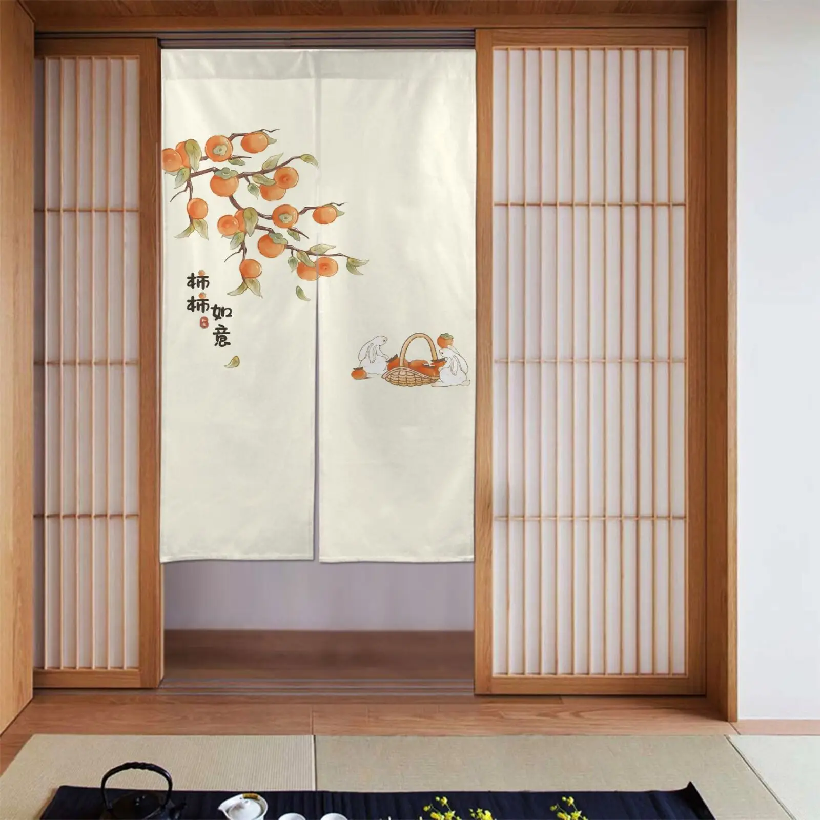 chinese persimmon rabbit art noren door curtain autumn harvest design linen half panel living room decor Suitable for allseasons