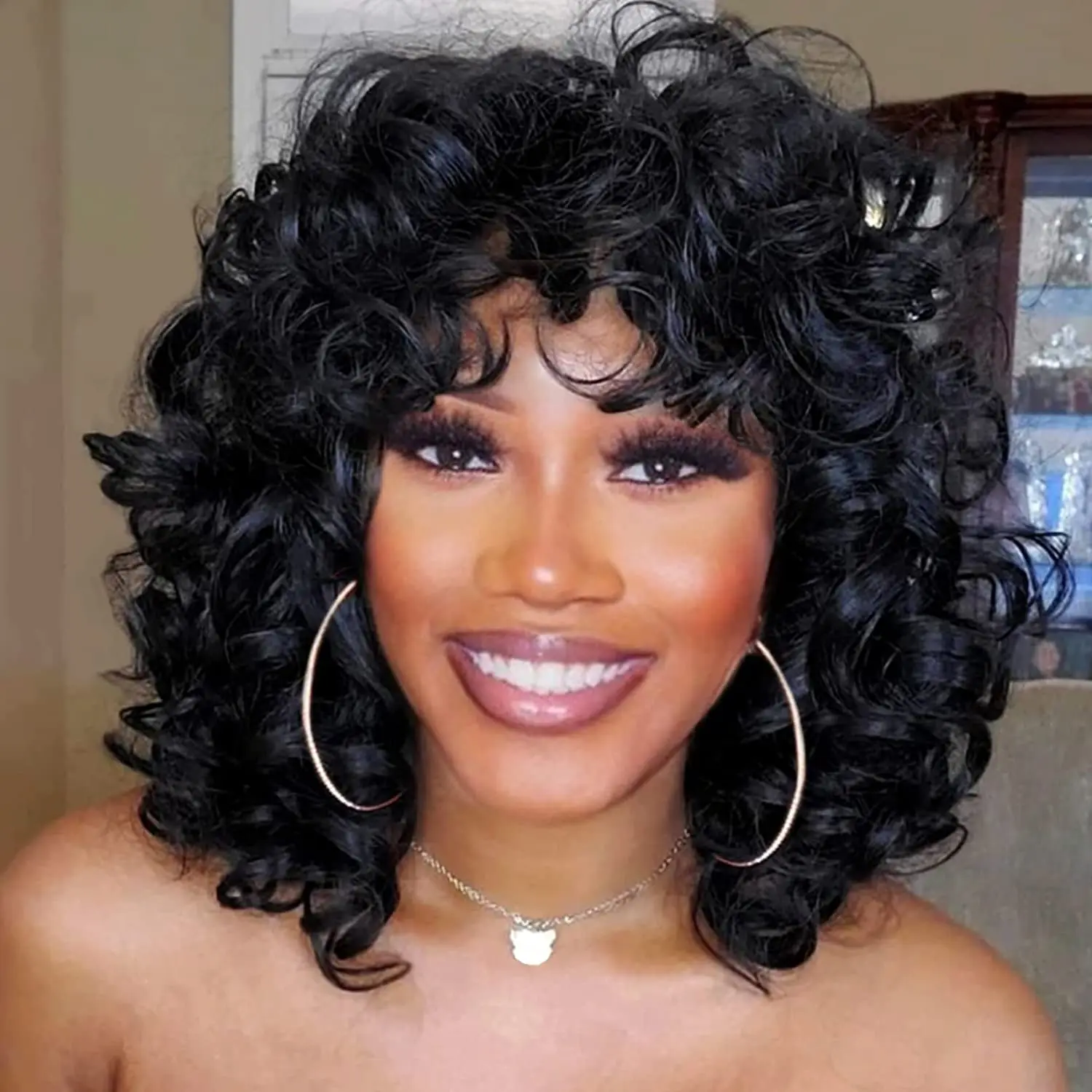 

14inch Short Curly Wigs for Black Women Big Curly Wig with Bangs Natural Color Highlight Afro Kinky Curls Synthetic Hair Daily