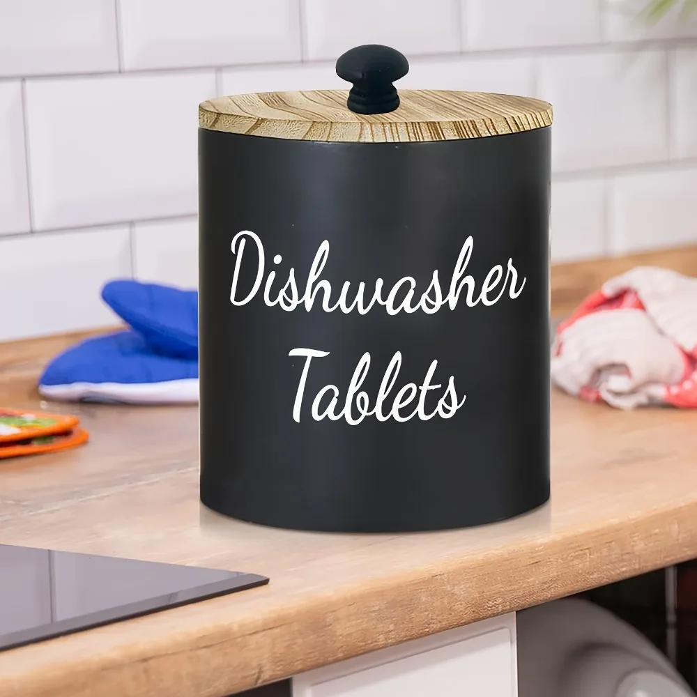 Dishwasher Tablets Storage Canister, Kitchen Organizer with Wooden Lid Farmhouse Style Holder for Dishwasher Pods Tools