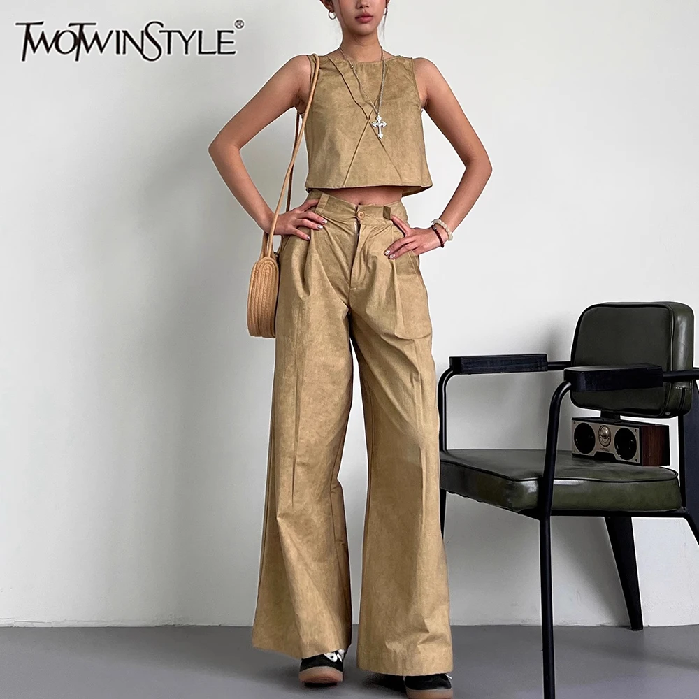 

TWOTWINSTYLE Solid Two Piece Set for Women O Neck Sleeveless Top High Waist Loose Pants Set Female Fashion Style New