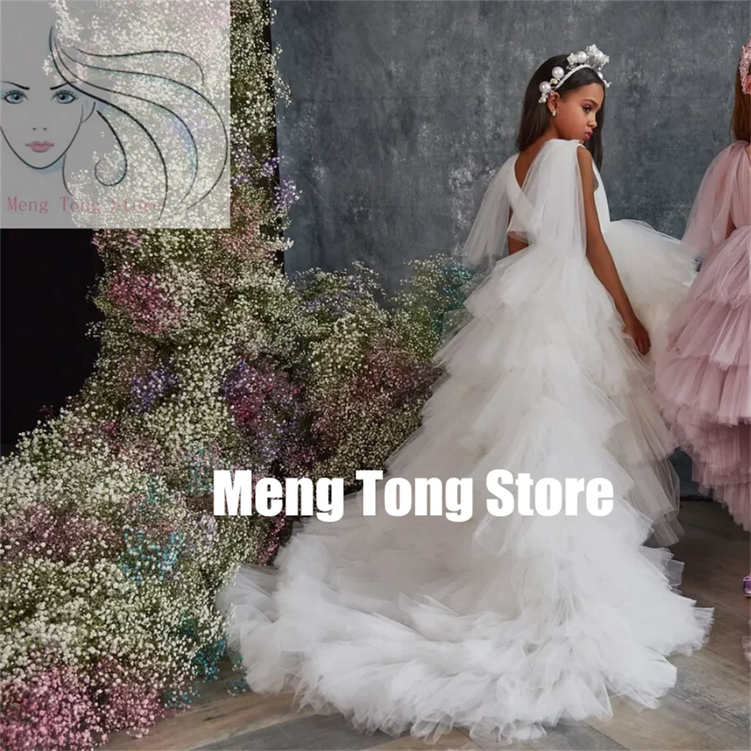 Customized  Flower Girl Dresses Tulle Tiered With Tailing Sleeveless For Wedding Birthday Party Banquet Princess Gowns