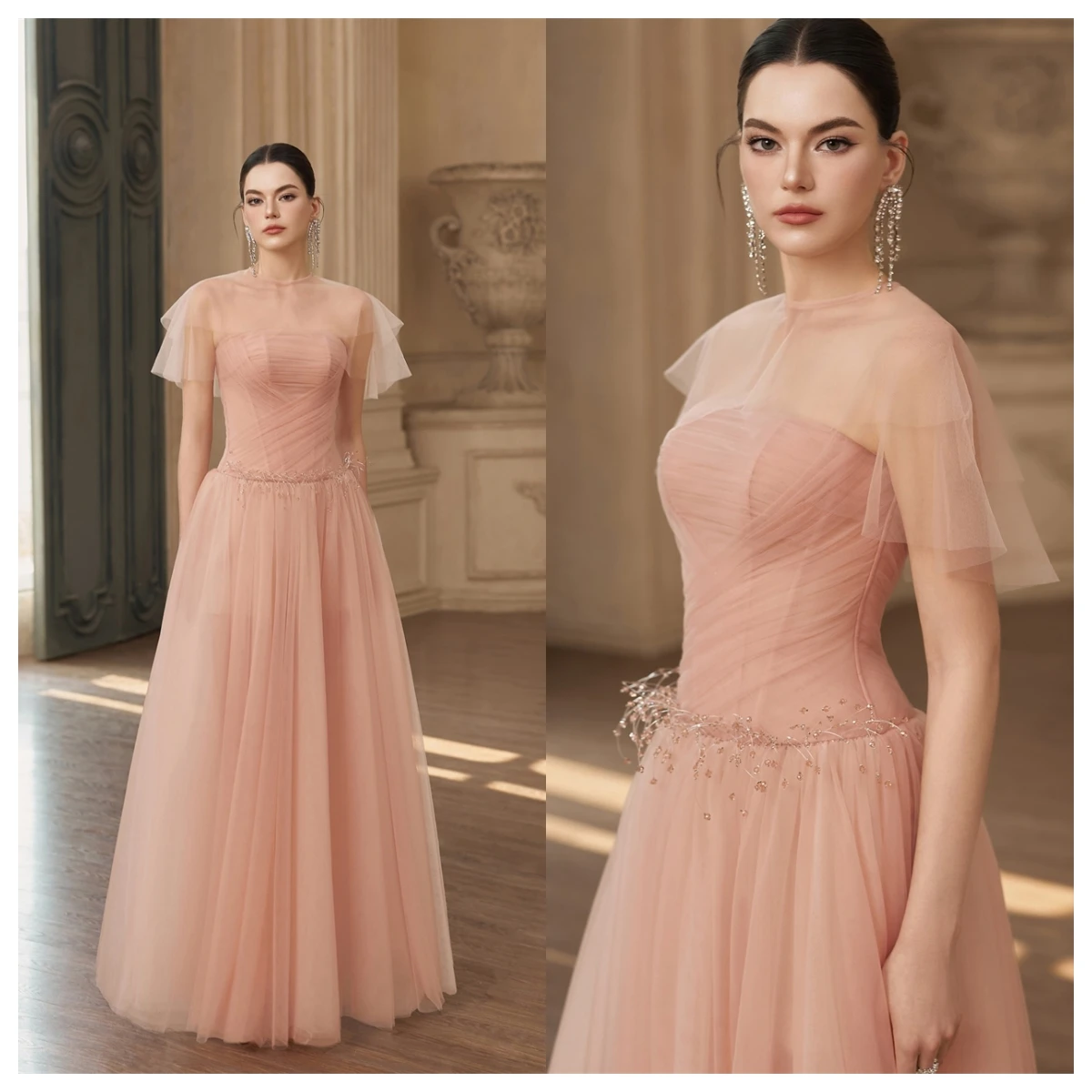 

Customized Exquisite Pink Tulle Evening Dress O-Neck Sleeveless Celebrity Gowns Bespoke Occasion Gowns Appliques High Quality