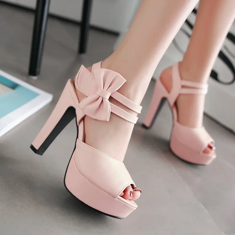 

Extra Plus Size 44 45 46 Double Strap Lovely Women Summer Pumps Shoes Peep Toe Platform Block High Heels Wedding Party Sandals