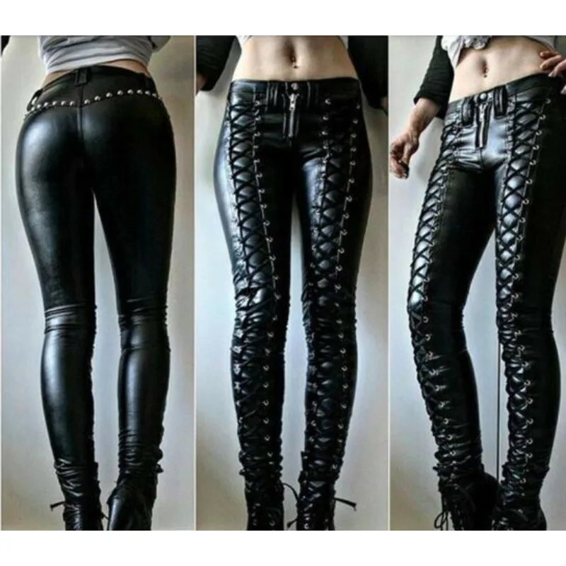 

Black Leather Pants Authentic Retro Sheepskin Leather Lace Up Motorcycle Pants Women's European and American Fashion Trends