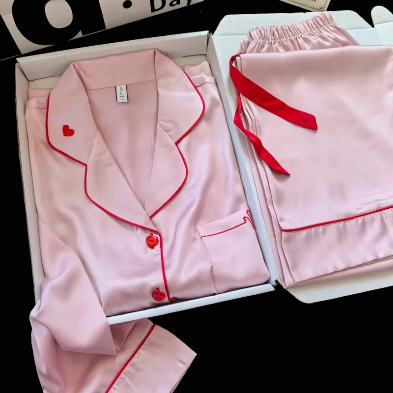 Women Satin Pajama Set Heart Embroidery Long Sleeve Lapel 2 Pcs Shirt&pants Sleepwear Sweet Girl Loungewear Nightwear Homewear