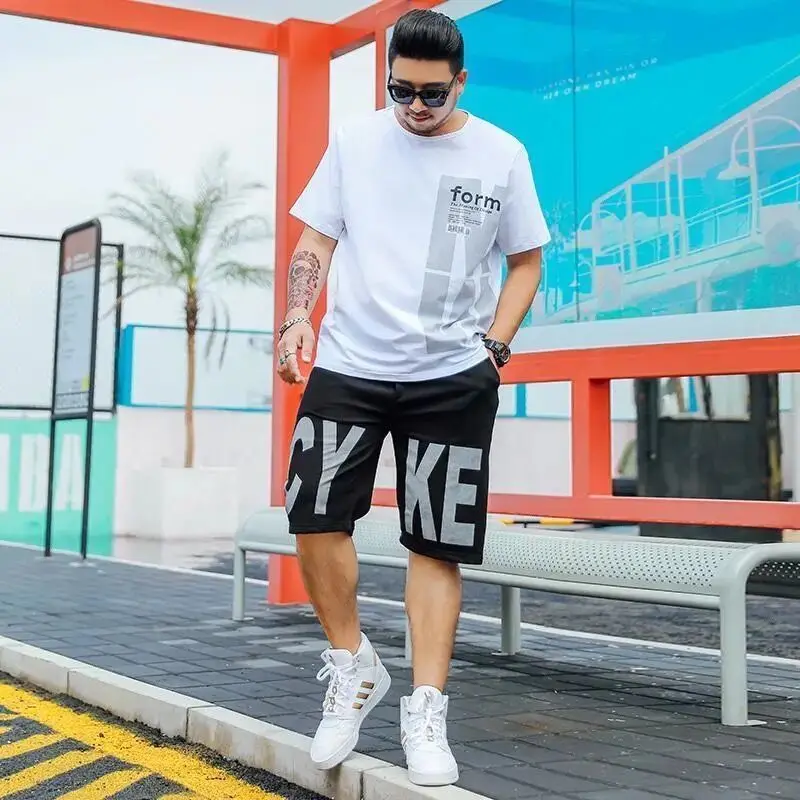 Sports Suits Kpop Tracksuit Alphabet Men\'s Clothing Print T Shirt Man Black Shorts Sets Sportswear Top Summer Polyester Cotton