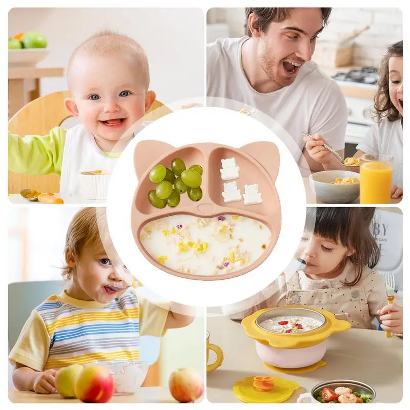 Silicone Toddler Plate Silicone Dishes Plates Anti-Slip With Suction Base Multi-Functional Dishes Dishwasher Safe Children