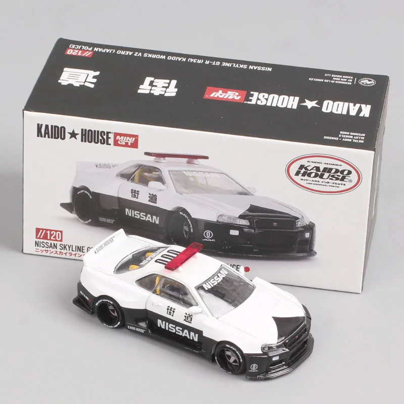 MiniGT Kaido Works 1/64 Scale Nissan Skyline GTR GT-R R34 V2 Aero 1999 Japan Police Diecast Model Car Toy Vehicles White