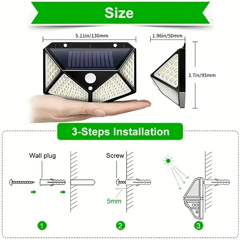 100 LED Solar Wall Lamp 4 Sides Luminous Outdoor Waterproof Motion Sensor Solar Street Lamp Garden Railing Decorative Lighting