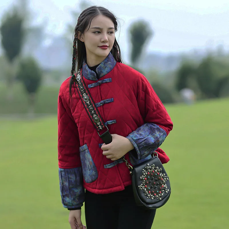

Short Thin Cotton-Padded Jacket Women's 2024 Autumn Winter Cotton-Hemp Patchwork Color Buttons Retro Fashion Small Seam Jacket