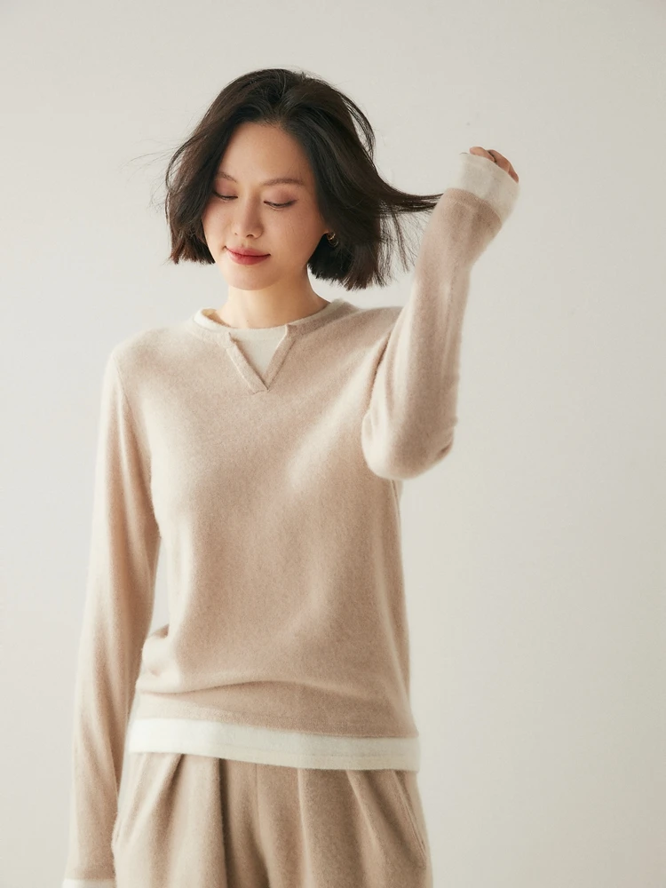 

Women Thick Contraste Colors Pullover 100% Cashmere Sweater Long Sleeve Round V-Neck Soft Warm Solid Autumn Winter Korean Style
