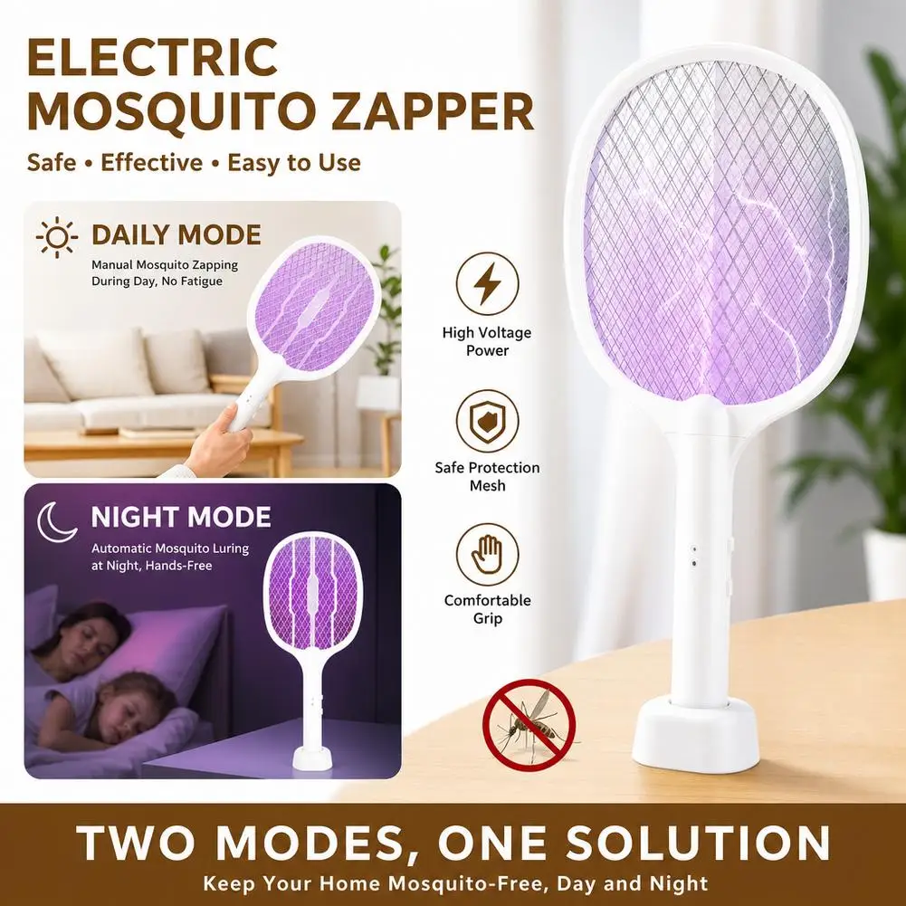 Rechargeable Foldable Electric Mosquito Swatter Photocatalyst Mosquito Trap Lamp Dual-use Electric Shock Bug Zapper For Indoor