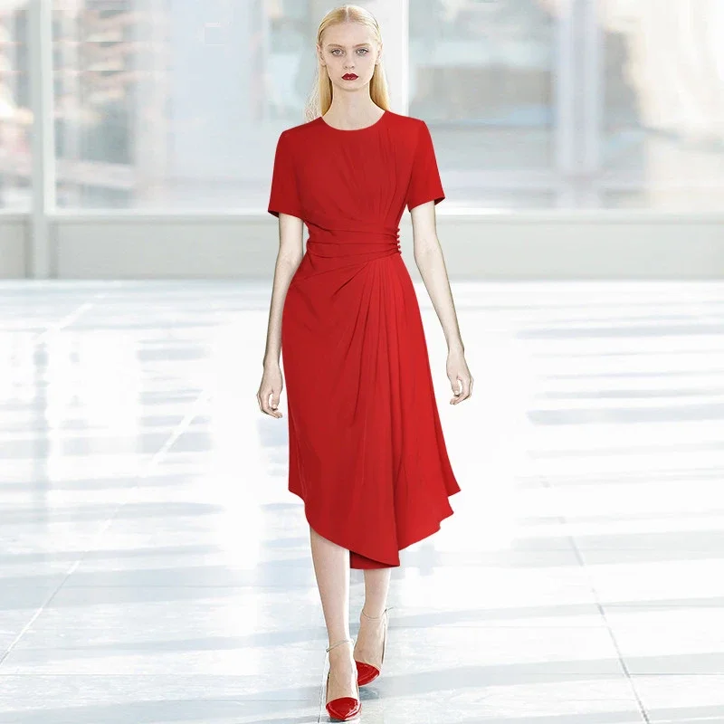 

New Fashion Designer Summer Women's O Neck Short Sleeves Draped Slim Asymmetrical Red Casual Dresses