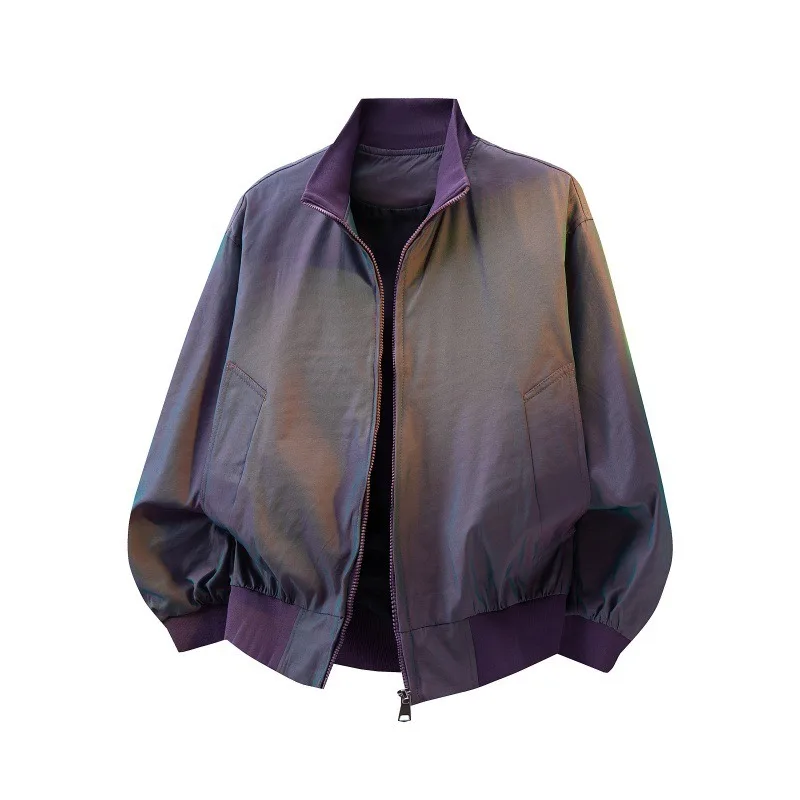 

Men's Iridescent Holographic Bomber Jacket Shiny Reflective Zip Coat with Ribbed Cuffs for Streetwear
